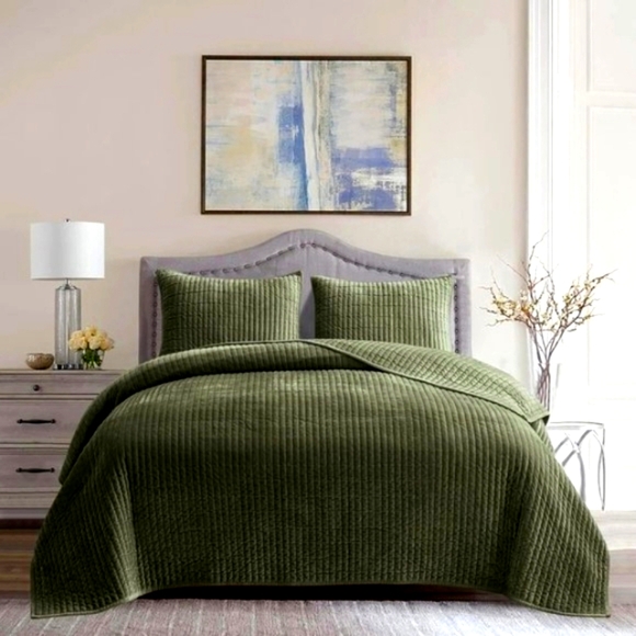 Queen Size Army Green Striped Velvet Quilted Coverlet Bedspread Shams Quilt Set - Picture 5 of 14